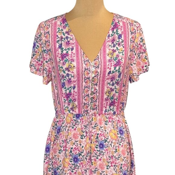 R Vivimos Tiered Floral Maxi Dress Sz.S Pink Short Sleeve Cottage Boho Romantic - Picture 3 of 16